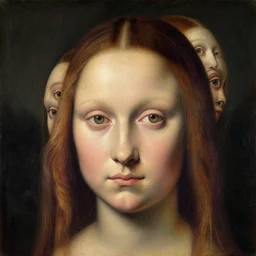 a sketch of a woman's face and hair with multiple eyes. a contemporary take on renaissance oil painting.