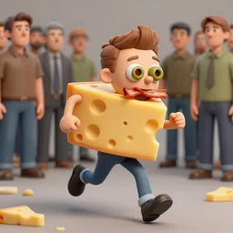 boy made of swiss cheese with green olive and pimento eyes and bacon strip mouth running away from stupid looking people, lowbrow, matte painting, 3 - d highly detailed, style of greg simkins
