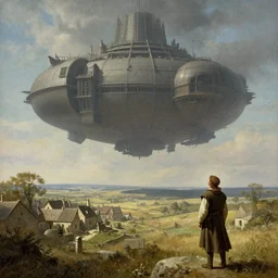 Medieval village on the plains, a villager looking up. The sky is completely covered to the horizon by an incredibly giant flying ship. Extremely high detail, realistic, medieval fantasy art, masterpiece, Arthur Rackham art, art by Boris Vallejo, Frank Frazetta.