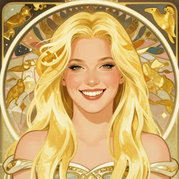 blonde gwen stefani, art by mucha, happy, portrait, smiling, friendly, bright, clever, knowing, flat colors. champagne, gold, love