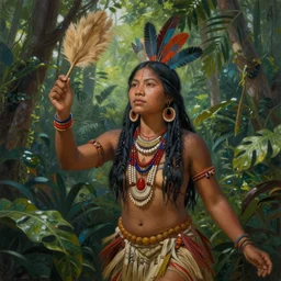 a beautiful painting of an indigenous woman celebrating in the jungle, fantasy art, matte painting, highly detailed