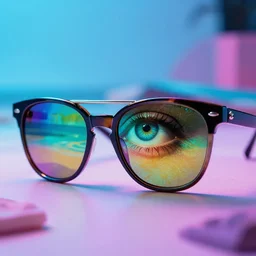 polychromatical sunglasses reflecting an eye with a cool beach vaporwave background