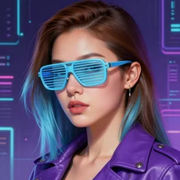 very detailed masterpiece closeup painting of a very beautiful young mexican cyberpunk woman with light blue shutter shades, one side haircut, brown hair with light blue ends, purple leather jacket, beauty mark on cheek, portrait, synthwave background, artstation, concept art by greg rutkowski