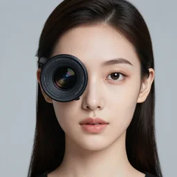 photo of beautiful young woman, medium close up, with a cyberpunk camera lens placed over right eye, and robotic implants over face with small led lights, white background, fine art photography in the style of Bill Henson