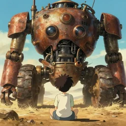backview still of a kid looking to a steampunk monumental!!!!! giant rusty robot - tractor sit the ground, sun light, finely detailed features, extreme closeup at the face, cinematic shot, desert, gapmoe yandere grimdark, trending on pixiv fanbox, painted by greg rutkowski makoto shinkai takashi takeuchi studio ghibli, akihiko yoshida, artstation