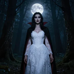 a vampire woman in a white lace dress, standing in a dark forest with the moon shining brightly