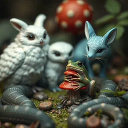 a little frog eating mushroom, red rabbits, white owls, blue foxs, octane render, ultra sharp, extreme details, snakes