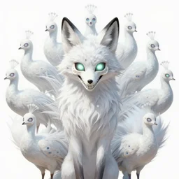art by yuji ikehata of a fox character covered in glowing demon eyes and mouths, that has sugar skull head, and has nine albino peacock tails for a coat train, is also coated in stars and sparkles, night in an abandoned library, nongraphic, screenshot, anime, vhs, halloween decorations, spirits, realistic