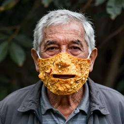 an elderly man wearing a mask made from nachos, bold natural colors, national geographic photography, masterpiece, 8 k, raw, unedited, symmetrical balance