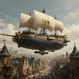 a steampunk concept art of a large singular airship, flying over a victorian metropolis, busy streets, steampunk, industrial, victorian fantasy, fantasy, hdr, highly detailed, 8 k, digital painting, trending on artstation, concept art
