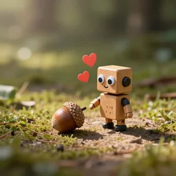 a super cute tiny wooden robot has fallen in love with an acorn, octane, tilt shift, googly eyes, hearts, twee