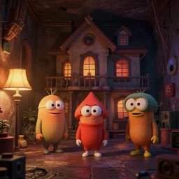 creepy 9 0 s 3 d render of nickelodeon characters in a crazy house, lit by a lamp