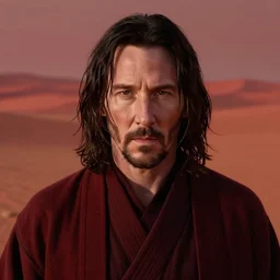 keanu reeves as a jedi master, perfect symmetrical face, a red sand desert, moody lighting, 8 k, shallow depth of field, intricate detail,