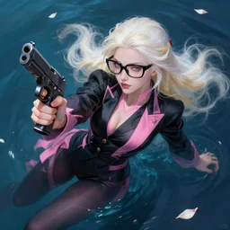 abeautiful + blonde + dragon queen + white hair + cool black glasses + holding pistol + tights + suits + black pink, floating under the deep dream water, beautiful smooth soft light + white petal, oil paint, cinematic lighting, octane render, unreal engine 5, closeup, 4 k, highly detailed, instagram,