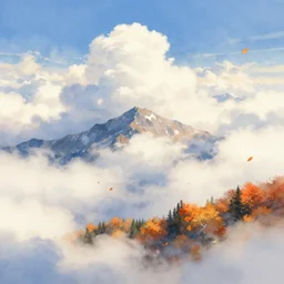 fluffy clouds, alpine scenery, autumn leaves blowing in the wind, 8k highly detailed digital art, trending on artstation, pixiv, digital watercolor