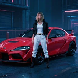 cyberpunk Street racer wearing white wife beater and black jacket standing next to red Lancer Evolution X 2077 FRS BRZ C8 GR Supra scene from Bladerunner 2049 Roger Deakins Cinematography movie still 2017