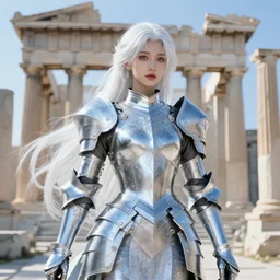 portrait white hair knights of zodiac girl, sliver ice color reflected armor, in ruined agora of athens sunrise, ssci - fi and fantasy, intricate and very very beautiful and elegant, highly detailed, digital painting, artstation, concept art, smooth and sharp focus, illustration, art by tian zi and wlop and alphonse mucha