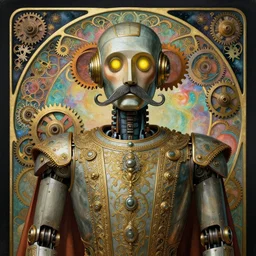 1 9 2 0 s boxy robot, large metal mustache, muted colors, nebula background, glowing yellow eyes, detailed realistic surreal retro robot in full regal attire. face portrait. art nouveau, symbolist, visionary, baroque, giant fractal details. horizontal symmetry by zdzisław beksinski, gears, alphonse mucha. highly detailed, realistic