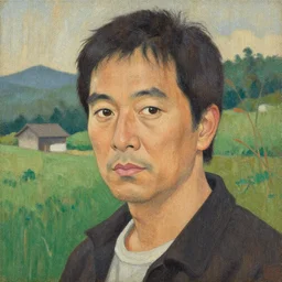 a portrait painting on wood of a character in a scenic environment, texture by nobuhiko obayashi