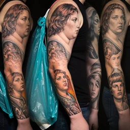 portrait in profile of a cute fat girl tattooed arm sleeves pattern by heavy bombers, turquoise plastic bag, rich deep colors, ultra detail, by francis bacon, james ginn, petra courtright, jenny saville, gerhard richter, zdzisaw beksinsk, takato yamamoto. multiple exposure, stanley kubrick mood, masterpiece, studio ighting, 3 5 mm