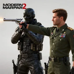 Screenshot from Modern Warfare 2 depicting Ghost shooting General Shepard in the face with a 357. Magnum, realistic,