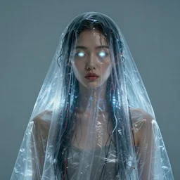 portrait of a beautiful asian woman, draped in transparent plastic cloth, plastic, glowing eyes, flat background, masterpiece, glowing, wires everywhere, by edgar maxence and ross tran, zdzisław beksinski, and michael whelan, distant, gustav dore, 8 k, octane render