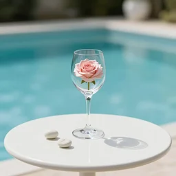 5 5 mm photo of rose - wineglass on a zen minimalist round white table with gorgeous pool in the background. highly detailed 8 k. intricate. lifelike. soft light,