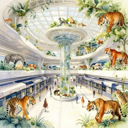 a hiper intricate watercolor of a beatifull modern metro station with wild animals, extremely detailed, sharp focus, low angle wide shot, smooth, digital illustration, colorfull, photorealistic, 4 0 0 0 k, f 1. 4, by william turner art, by greg rutowski, by carl larson, by edmund dulac