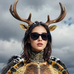 glamor portrait, young female model, electric sunglasses, antlers, turtle skin, falling snow, cloudy background, intricate detailed photorealistic by mandy jurgens and studio ghibli and alyssa monks, bold colors, artstation