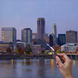 palette knife oil painting of portland oregon skyline at dusk