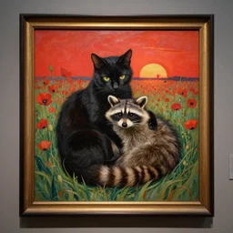 a masterpiece painting by mucha exposed at the louvre : black cat cuddling a racoon in a poppy field with a red sunset in the background