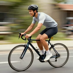 A man riding a bicycle action shot, subject is smiling, matte painting, trending on artstation