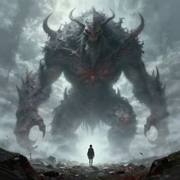 a giant mythical humanoid monster looming over a tiny human in an epic landscape, ethereal fantasy, blooodborne, artstation, agostino arrivabene, james gurney