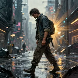 an exhausted warrior walks from left to right a lost cyberpunk city, rainy day, radiant light, digital painting, art station, by les edwards, by greg rutkowski
