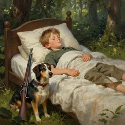 a boy dreaming in bed, surrounded by a forest, with his trusty hunting dog and rifle, digital painting, photo - realism, sharp focus