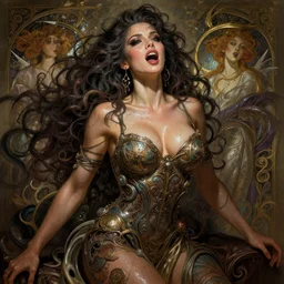 linda evangelista, bold, passionate, seductive, expressive, charismatic, very sweaty, intricate fashion clothing, insane, intricate, highly detailed, digital painting, artstation, concept art, surrealistic, smooth, sharp focus, illustration, unreal engine 5, 8 k, art by artgerm and greg rutkowski and alphonse mucha