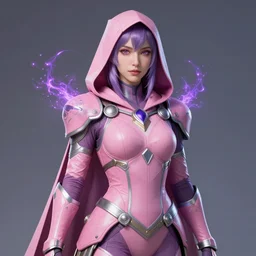 cassandra cain in destiny hunter armor, pink armor, wearing a hooded cloak, beautiful face!!!!, purple particle effects, nightstalker, void, 2 7 years old, cg animation, realistic, character select portrait, by artgerm, greg rutkowski, alphonse mucha, 3 d