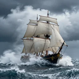 sail ship in massive storm with unfathomable waves, national geographic, hyperrealistic