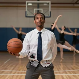 portrait of a mormon missionary wearing a tie and playing basketball like ballet, 25mm f/1.8 Pulitzer-winning photography