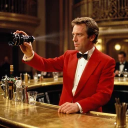 photoreal medium cinematography of joe turkel in a red tux, playing lloyd the bar tender from stanley kubrick's film the shining, bartending inside the elstree studios soundstage set for the overlook hotel goldroom bar shot on 3 5 mm eastman 5 2 4 7 film by the shining cinematographer john alcott shot on a cooke panchro 6 5 mm macro lens