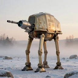 AT-AT walker, Hoth, fog, snow, volumetric lighting, beautiful, golden hour, sharp focus, ultra detailed, cgsociety