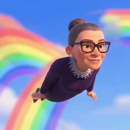 Pixar still of Ruth Bader Ginsburg flying on a rainbow