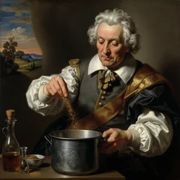 Colonel Sanders shakes spices into a metal pot. Painted by Caravaggio, high detail