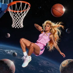 beautiful beautiful beautiful beautiful beautiful digital art of Doja Cat Doja Cat Doja Cat Doja Cat Doja Cat dunking basketball in outer space by Alena Aenami by Alena Aenami masterpiece masterpiece masterpiece