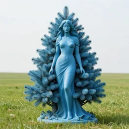 vivid sculpture of a beautiful woman mixed with a a blue spruce tree, in a field of wildflowers, intricate. gradient colors. empty white space exposition. by ueda akishi, beth cavener, ellen jewett, rogers