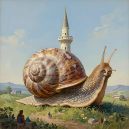 a giant snail whose shell is made of a spiral, fractal minaret, where people can observe the rolling hills around, naturalistic painting