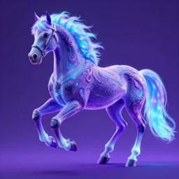 a stunning horse with bioluminescent mane and tail by sandra chevrier and greg rutkowski, neon hooves, purple blue color scheme, vaporware, retro, outrun, high key lighting, volumetric light, digital art, highly detailed, fine detail, intricate, ornate, complex, octane render, unreal engine, photorealistic