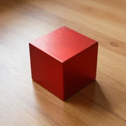 a red metallic cube on a shiny wooden floor
