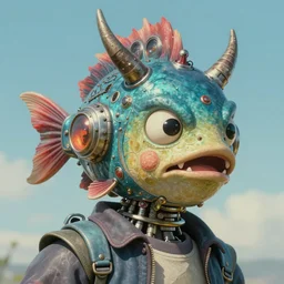 a portrait of 8 0 s retro futuristic fish devil illustrated by miyazaki by karol bak, james jean, tom bagshaw, rococo, sharp focus, trending on artstation, cinematic lighting, hyper realism, octane render, 8 k, hyper detailed, vivid, ultra detailed, highly detailed