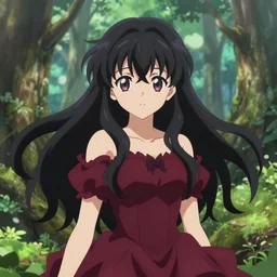 isekai enchanted forest cute bombshell anime touhou with flowing black hair, burgundy dress. green palette symmetrical face. symmetrical detailed defined eyes. beautiful lineart. bokeh pixiv # 1 ranking depth of focus, chromatic aberration, noise, soft lighting, srgb, 4 k, by rembrant kuvshinov ross tran john sargent and leyendecker